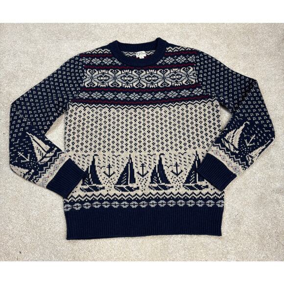 J. Crew Men's Fair Isle Lambswool Navy Boats Crewneck Sweater Size S - Picture 1 of 5